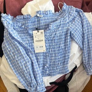 Zara off the shoulder plaid shirt